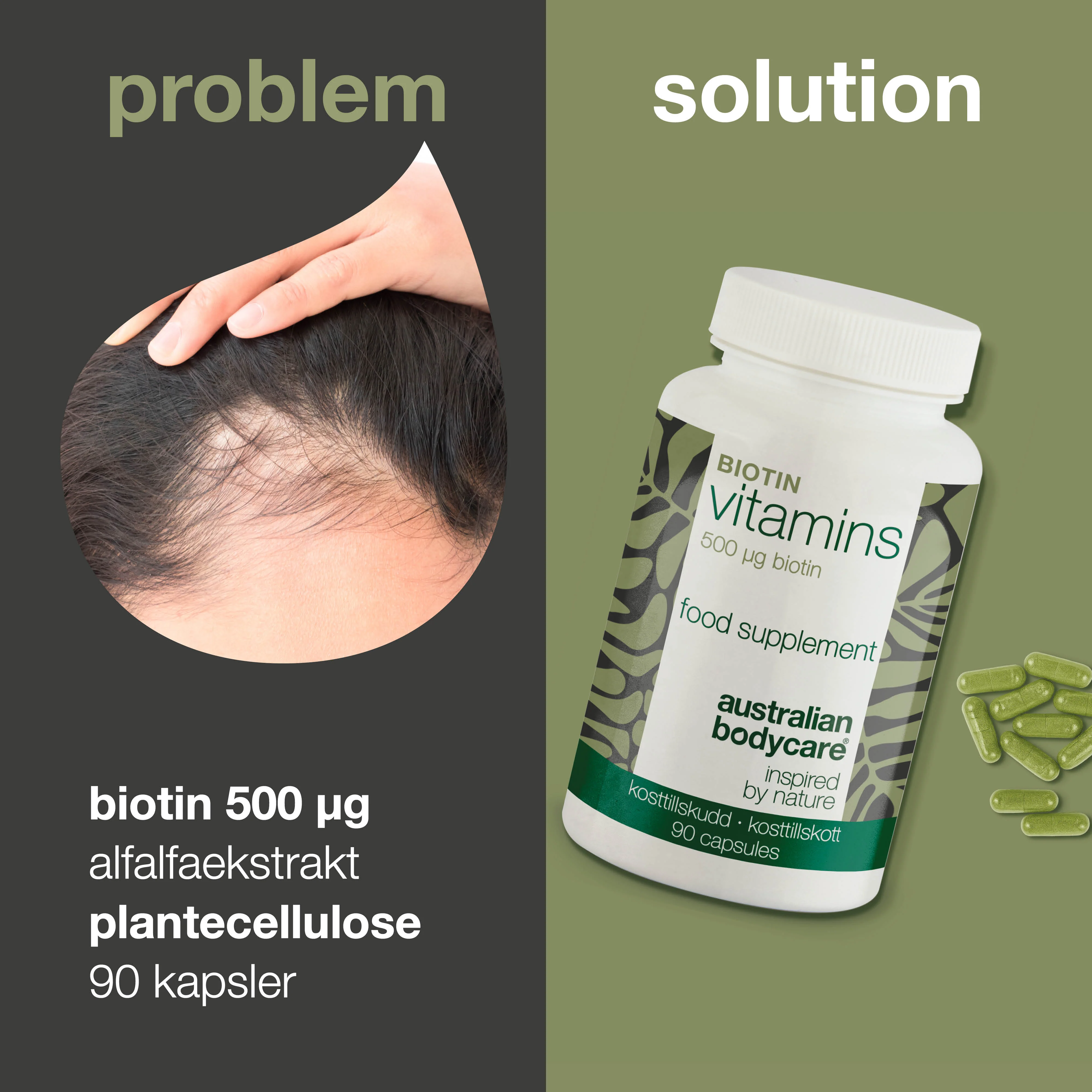 Biotin 500 µg – kosttilskud med vitamin B7 – 90 stk. — Biotin 500 µg med vitamin B7 – 90 tabletter til hud, hår og slimhinder. Indeholder biotin, Medicago sativa og vegetabilsk cellulose. - Image 2