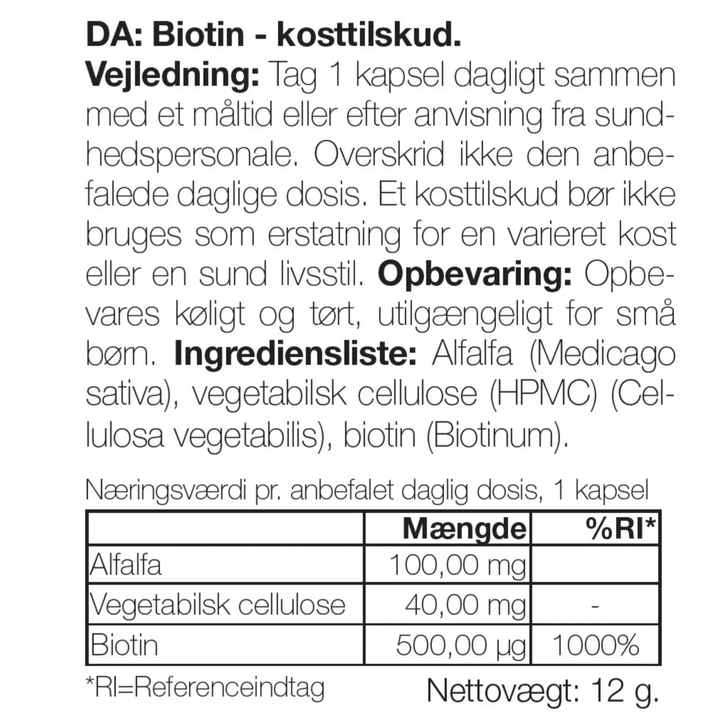 Biotin 500 µg – kosttilskud med vitamin B7 – 90 stk. — Biotin 500 µg med vitamin B7 – 90 tabletter til hud, hår og slimhinder. Indeholder biotin, Medicago sativa og vegetabilsk cellulose. - Image 6