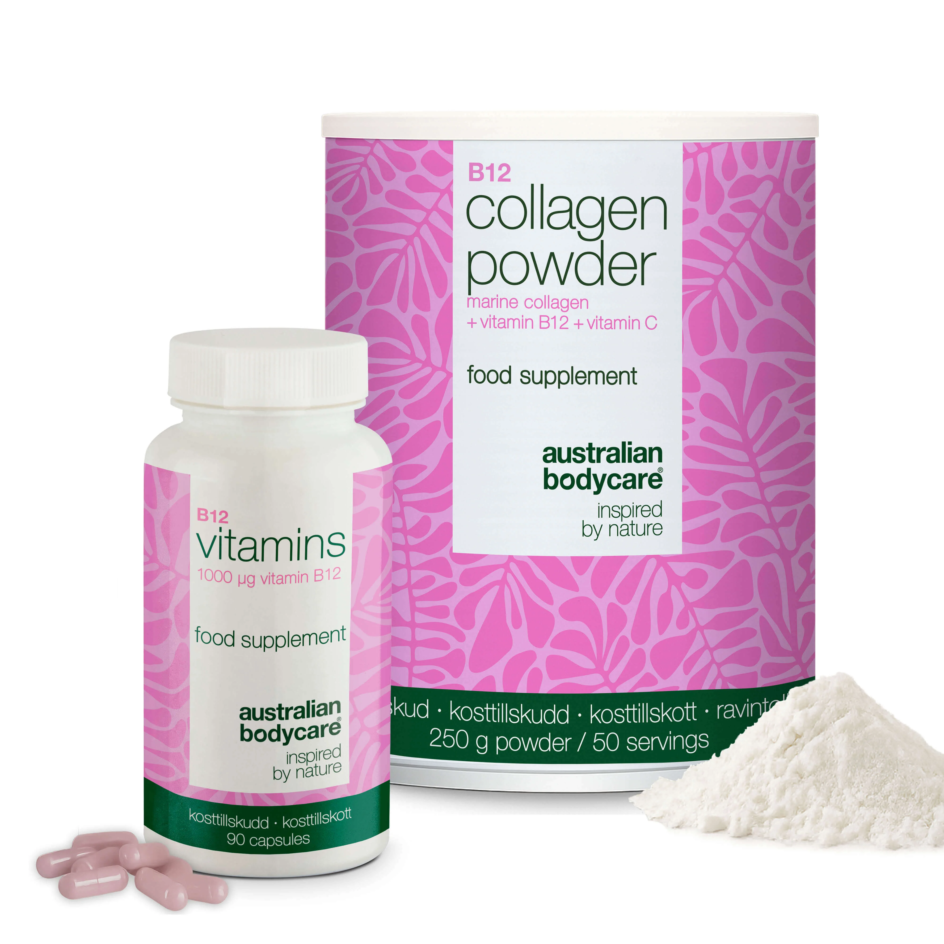 Kollagen & Vitamin B12 Bundle – 250 g Kollagenpulver + 90 B12 Kapsler — Daglig rutine med marint kollagen, C-vitamin til normal kollagendannelse i huden og højdosis Vitamin B12 (1000 µg).